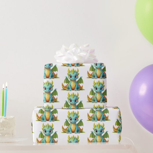 Green Blue Baby Dragon Fantasy Wrapping Paper Geschenkpapier (Partygeschenke)