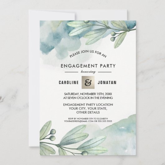 Green | Blue Berry Branch Engagement Party Einladung (Vorderseite)