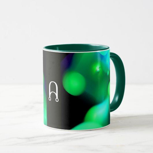 GREEN BLUE BLACK FRAKTAL BUBBLES MONOGRAMM TASSE (VorderseiteRechts)