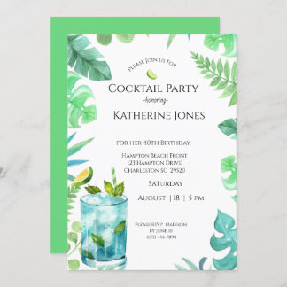 Green Blue Blätter 40. Geburtstag Cocktail Party Einladung