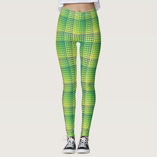 Green Blue Checker Abstract Pattern Leggings (Vorderseite)