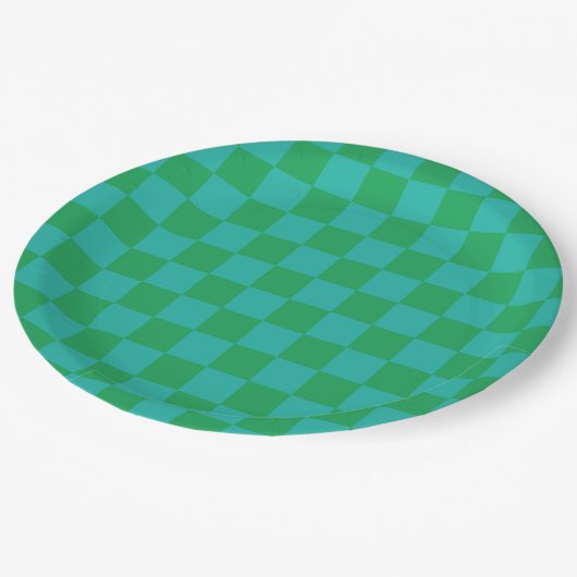 Green Blue Checkered Gingham Pattern Pappteller (Schrägansicht)