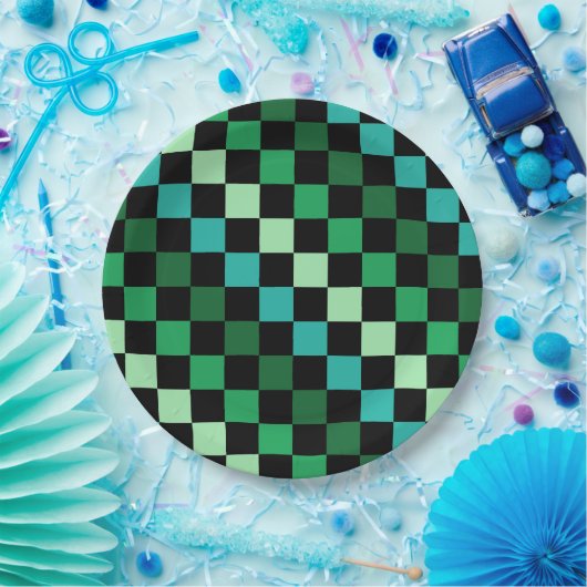 Green Blue Checkered Gingham Pattern Pappteller (Party)