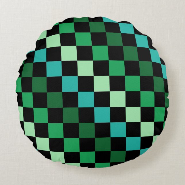 Green Blue Checkered Gingham Pattern Rundes Kissen (Vorderseite)
