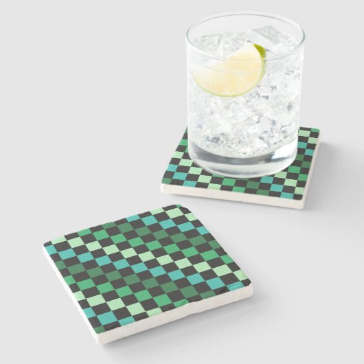 Green Blue Checkered Gingham Pattern Steinuntersetzer (Seitenansicht)
