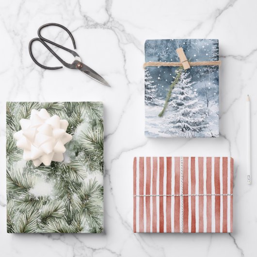 Green & Blue Christmas Trees Red Stripes Geschenkpapier Set (Vorderseite)