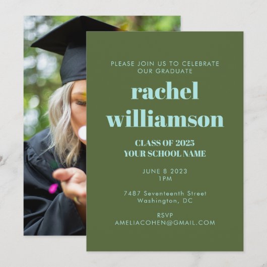 Green Blue Class of 2025 Foto Graduation Party Einladung (Vorne/Hinten)