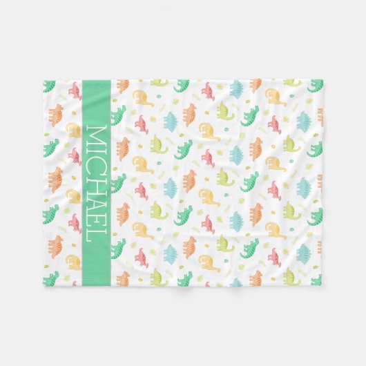 Green Blue Dinosaur Pattern Individuelle Name Fleecedecke (Vorderseite (Horizontal))