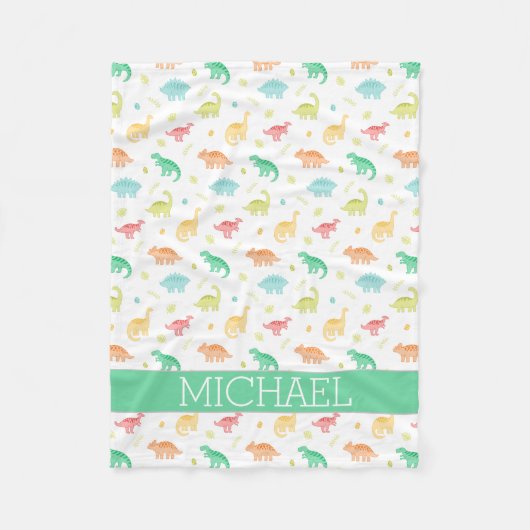 Green Blue Dinosaur Pattern Individuelle Name Fleecedecke (Vorderseite)