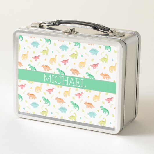 Green Blue Dinosaur Pattern Individuelle Name Metall Brotdose (Vorderseite)