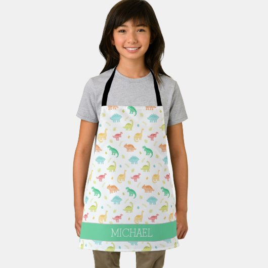 Green Blue Dinosaur Pattern Individuelle Name Schürze (Insitu)