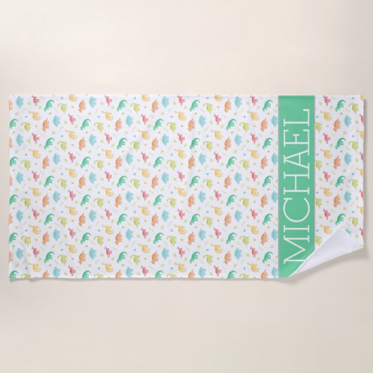 Green Blue Dinosaur Pattern Individuelle Name Strandtuch (Vorderseite)