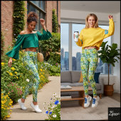 Green Blue Filtered Crowded Dog Face Pattern Leggings