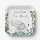 Green Blue Floral Elephant Baby Dusche Pappteller (Vorderseite)