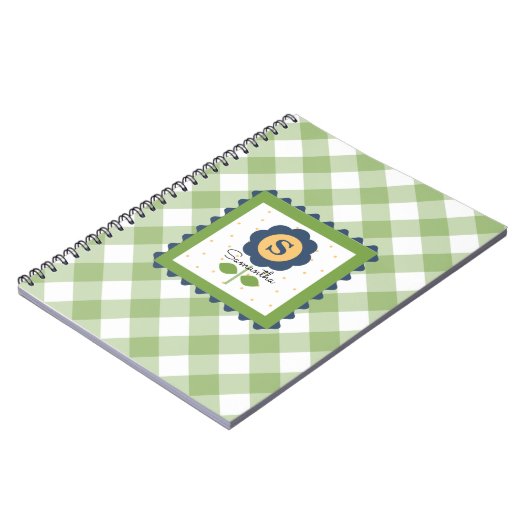 Green Blue Floral Gingham Mit Monogramm Notizblock (Linke Seite)