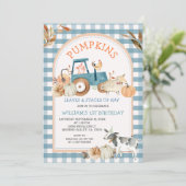 Green Blue Gingham Pumpkins Farm Animal Birthday Einladung (Stehend Vorderseite)