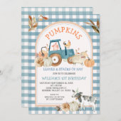 Green Blue Gingham Pumpkins Farm Animal Birthday Einladung (Vorne/Hinten)