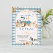 Green Blue Gingham Sweet Pumpkin Fall Baby Dusche Einladung (Stehend Vorderseite)