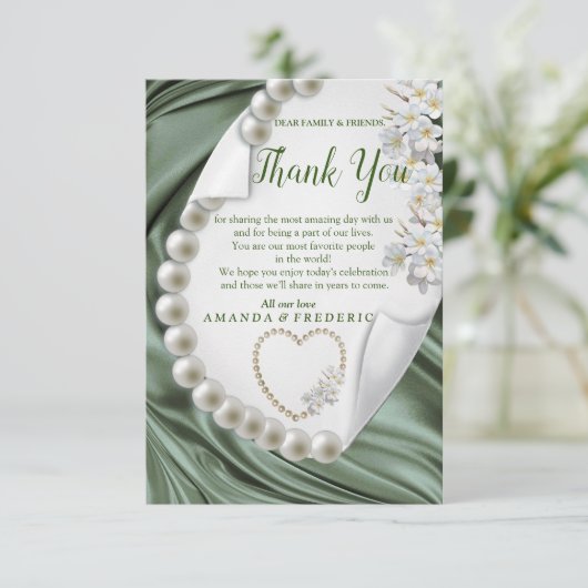 Green, Blue, Gold Elfenbeinseide & PerlenDankeschö RSVP Karte (Stehend Vorderseite)