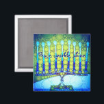 Green Blue Hanukkah Menorah Peace Sparkle Shine Magnet<br><div class="desc">"Frieden, funkeln, leuchten." Ein nahes Foto einer leuchtenden, farbenfrohen, blauen und grünen künstlerischen Menorah hilft Ihnen, den Urlaub von Hanukkah stilvoll zu gestalten. Genießen Sie die Wärme und Freude der Ferienzeit, wenn Sie diesen bunten Hanukkah-Magneten verwenden. Passende Karten, Porto, Aufkleber, Kissen, Haushaltswaren, Tasche und andere Produkte sind auch in meiner...</div>