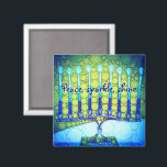Green Blue Hanukkah Menorah Peace Sparkle Shine Magnet<br><div class="desc">"Frieden, funkeln, leuchten." Ein nahes Foto einer leuchtenden, farbenfrohen, blauen und grünen künstlerischen Menorah hilft Ihnen, den Urlaub von Hanukkah stilvoll zu gestalten. Genießen Sie die Wärme und Freude der Ferienzeit, wenn Sie diesen bunten Hanukkah-Magneten verwenden. Passende Karten, Porto, Aufkleber, Kissen, Haushaltswaren, Tasche und andere Produkte sind auch in meiner...</div>