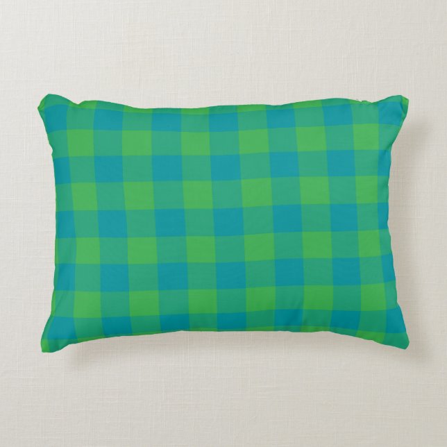 Green Blue Kariert Schachbrett Muster Dekokissen (Vorderseite)