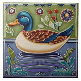 Green & Blue Mallard Duck European Folk Animal Art Fliese