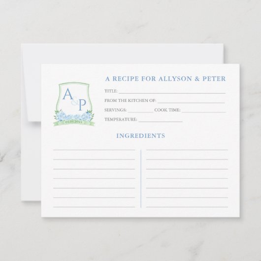 Green Blue Monogram Brautparty Rezept Card Einladung (Vorderseite)