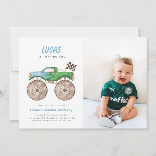 Green Blue Monster Truck Birthday Foto Einladung (Vorderseite)