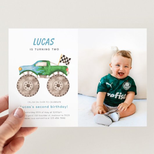 Green Blue Monster Truck Birthday Foto Einladung