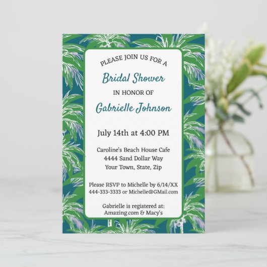 Green Blue Palm Tree Modern Wedding Shower Party Einladung (Stehend Vorderseite)