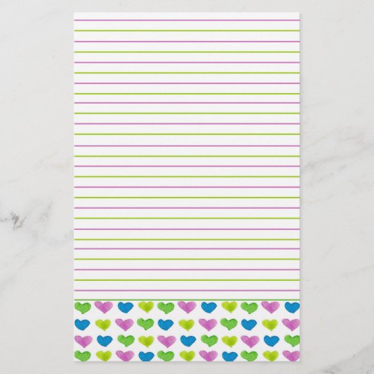 Green Blue Pastel Watercolor Hearts Lined Briefpapier (Vorderseite)