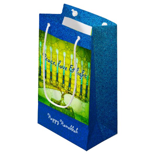 Green Blue Peace Liebe Light Hanukkah Menorah Bold Kleine Geschenktüte (Vorderseite Schrägansicht)