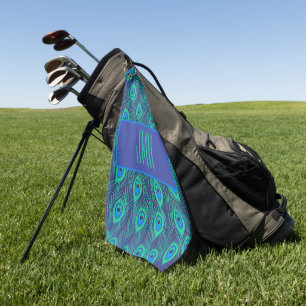 GREEN BLUE PEACOCK FEATHER PATTER with MONOGRAM Golfhandtuch