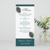 Green Blue Pfau Feathers Menu Rack Card Menükarte (Stehend Vorderseite)
