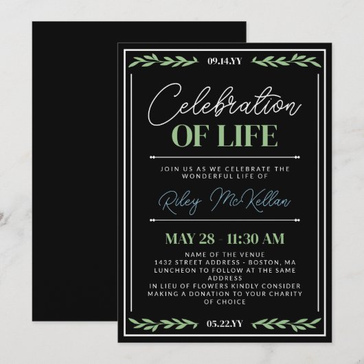 Green Blue Script Celebration of Life Einladung (Vorne/Hinten)