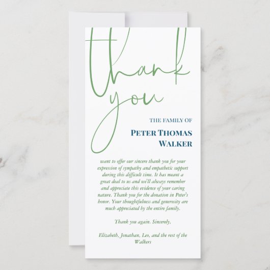 Green Blue Script & Foto Beerdigung Danke (Vorderseite)