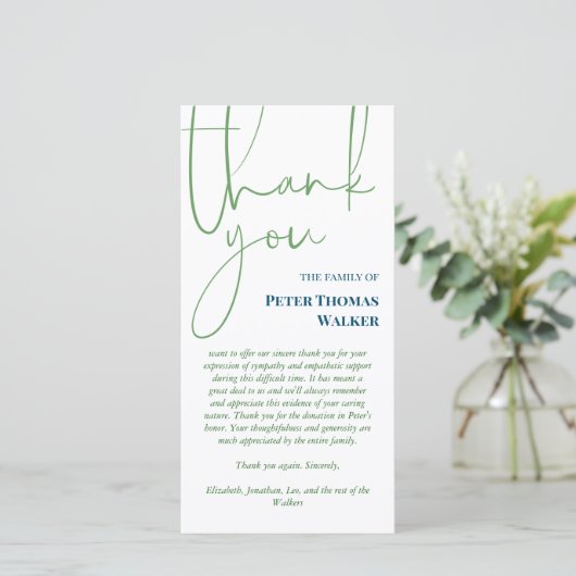 Green Blue Script & Foto Beerdigung Danke (Stehend Vorderseite)