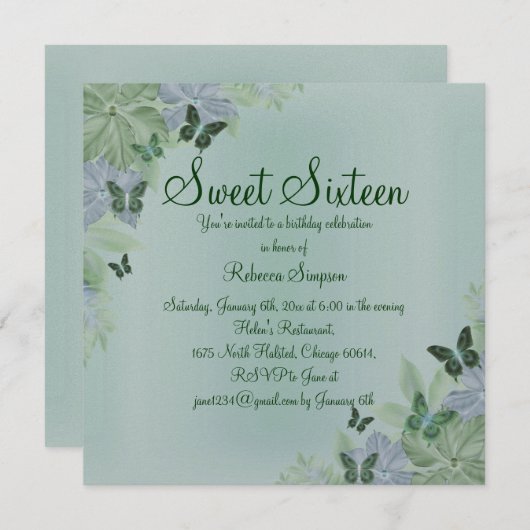 Green & Blue Shimmer Schmetterling Sweet 16 Einlad Einladung (Vorne/Hinten)