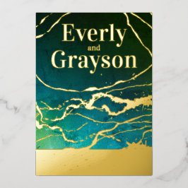 Green Blue Sky Galaxy Marble Gold Wedding Folieneinladung