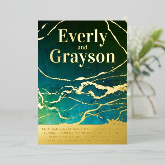 Green Blue Sky Galaxy Marble Gold Wedding Folieneinladung (Stehend vorne)
