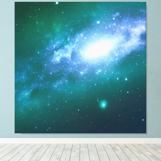 Green Blue Spinning Galaxy Stretched Canvas Print Leinwanddruck (Insitu (Holzboden))