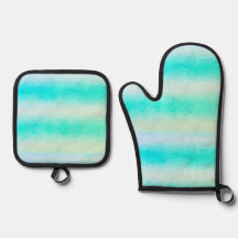 Green Blue Stripes Oven Mitt und Pot Holder Set