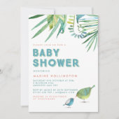 Green & Blue Tropical Birds Watercolor Babydusche Einladung (Vorderseite)