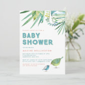 Green & Blue Tropical Birds Watercolor Babydusche Einladung (Stehend Vorderseite)