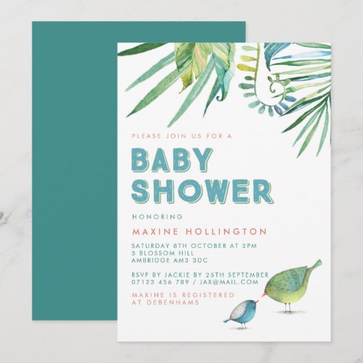 Green & Blue Tropical Birds Watercolor Babydusche Einladung (Vorne/Hinten)