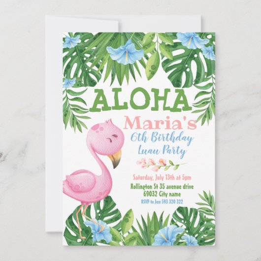 Green Blue Tropical Floral Aloha Luau Birthday Einladung (Vorderseite)
