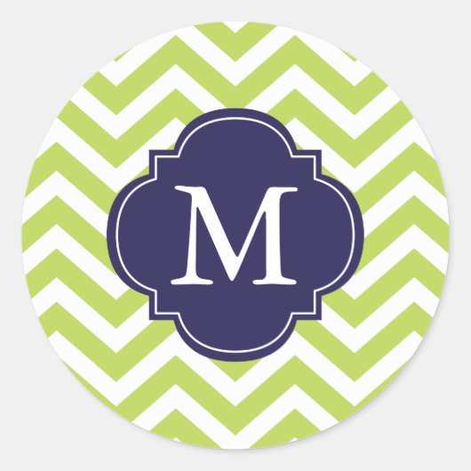 Green & Blue Zigzags Muster Monogram Runder Aufkleber (Vorderseite)