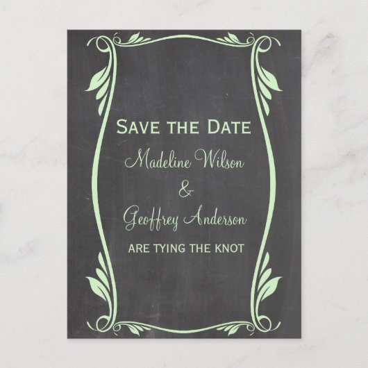 Green Blüh Chalkboard Save the Date Postkarte (Vorderseite)