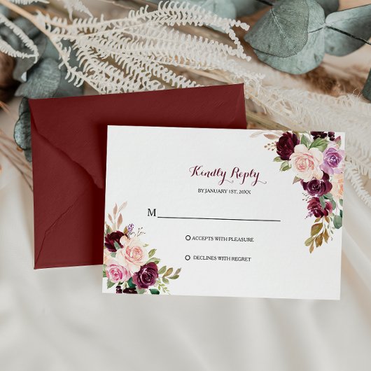 Green Blush Burgundy Bloral Rsvp Card